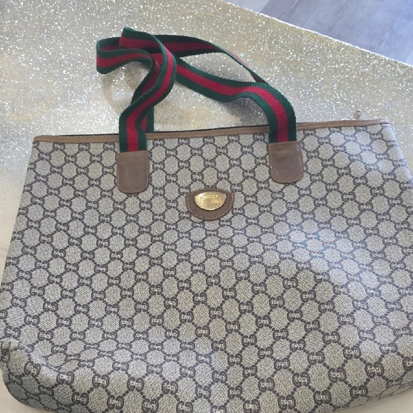 Gucci Handbags - Gucci Beige and Brown Tote with Green and Red Straps